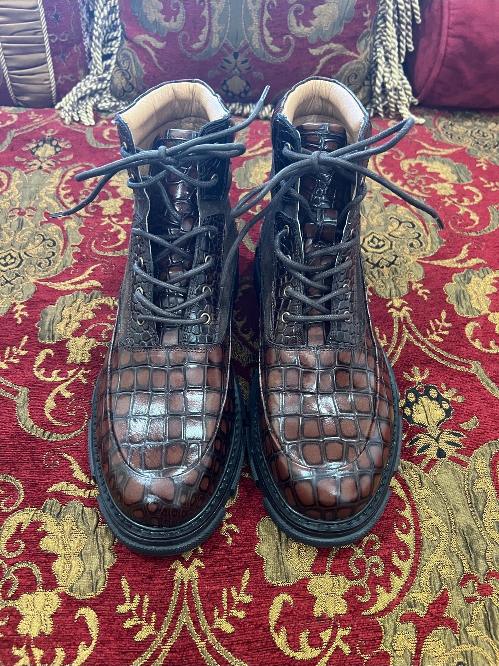 Marc Nolan Men's Croc-Embossed Lace-Up Leather Boots in Brown/Black NEVER WORN